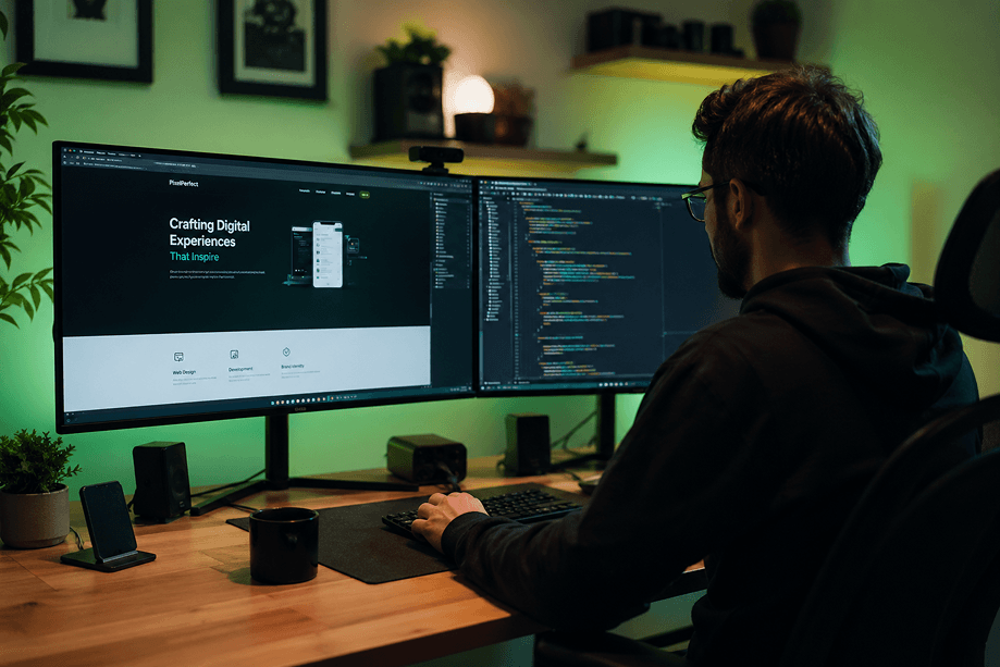 Developer building a digital experience website on dual ultrawide monitors